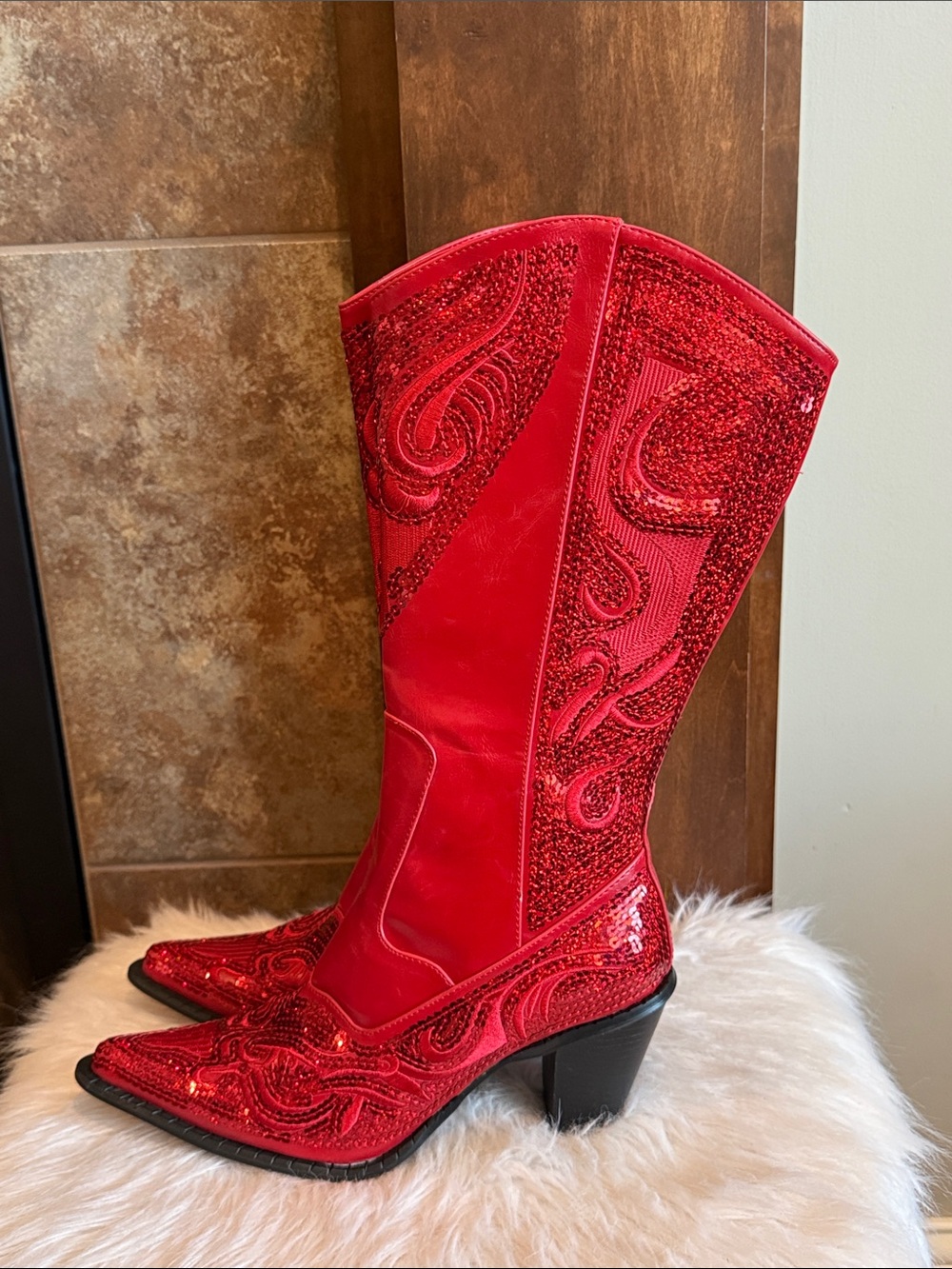 Helen’s Heart Red Sequin Cowboy Boots Women’s 8 Tall Western Bling Pointed Toe